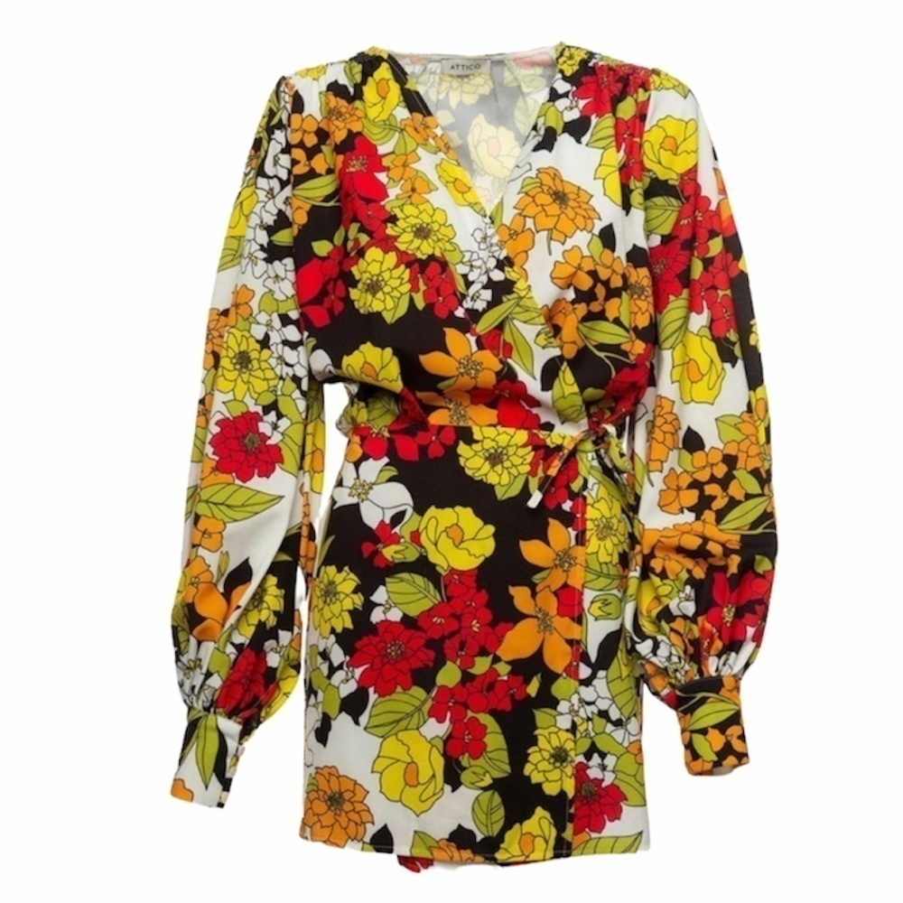 The Attico- NWOT Red & Yellow 70s Print Floral Wrap Mini Dress w/ Puff Sleeves